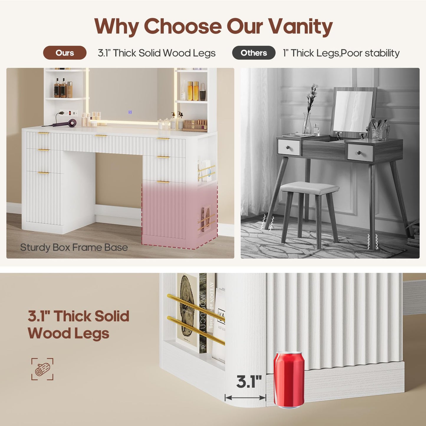 HAUOMS 51.2" Fluted Makeup Vanity Desk with Large 30.3" Mirror and Lights, 5 Drawer Vanity with Power Strip, 6 Open Shelves, 2 Cabinet，Modern Dressing Table with Solid Wood Legs for Bedroom, White