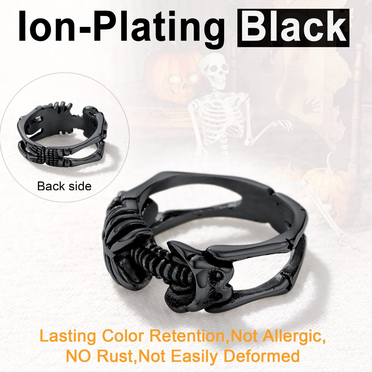 U7 Black Skull Rings for Men Gothic Punk Skeleton Jewelry 9mm Wide Vampire Party Halloween Ring Size 12