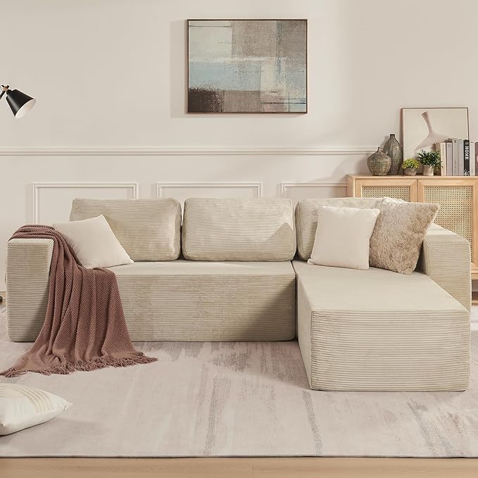 Furnify 40" Modular Upholstered Foam Couch, Upholstered Floor Sofa Couch with Pillow, Single Sofa for Bedroom Living Room, No Assembly Required (Corduroy Fabric, Beige)