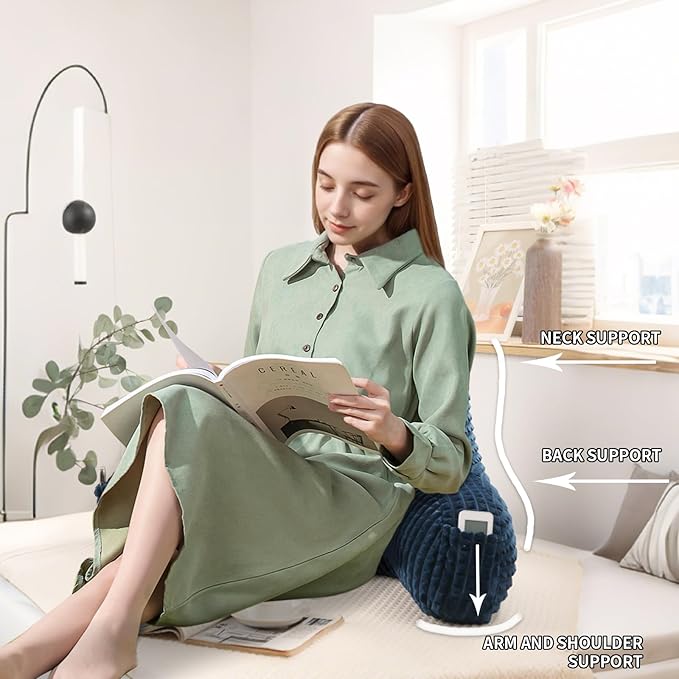 PAJEO Reading Pillow for Sitting in Bed, Large Backrest Reading Pillow with Arm Rest,Back-Rest Support Cushion for Sit Up on Couch, Sofa, and Floor (Dark Blue Flannel, Standard(17inch))