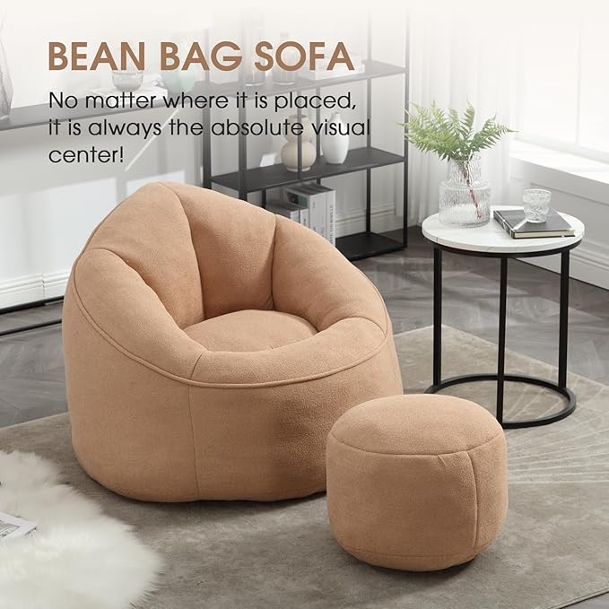 Sudwesto Bean Bag Chair for Adult, Microfiber Upholstered Bean Bag Sofa with Petal Back, Shell-Shaped Beanbag Chair with Footstool, Memory Foam Stuffed Lazy Sofa for Living Room, Bedroom (Tan)