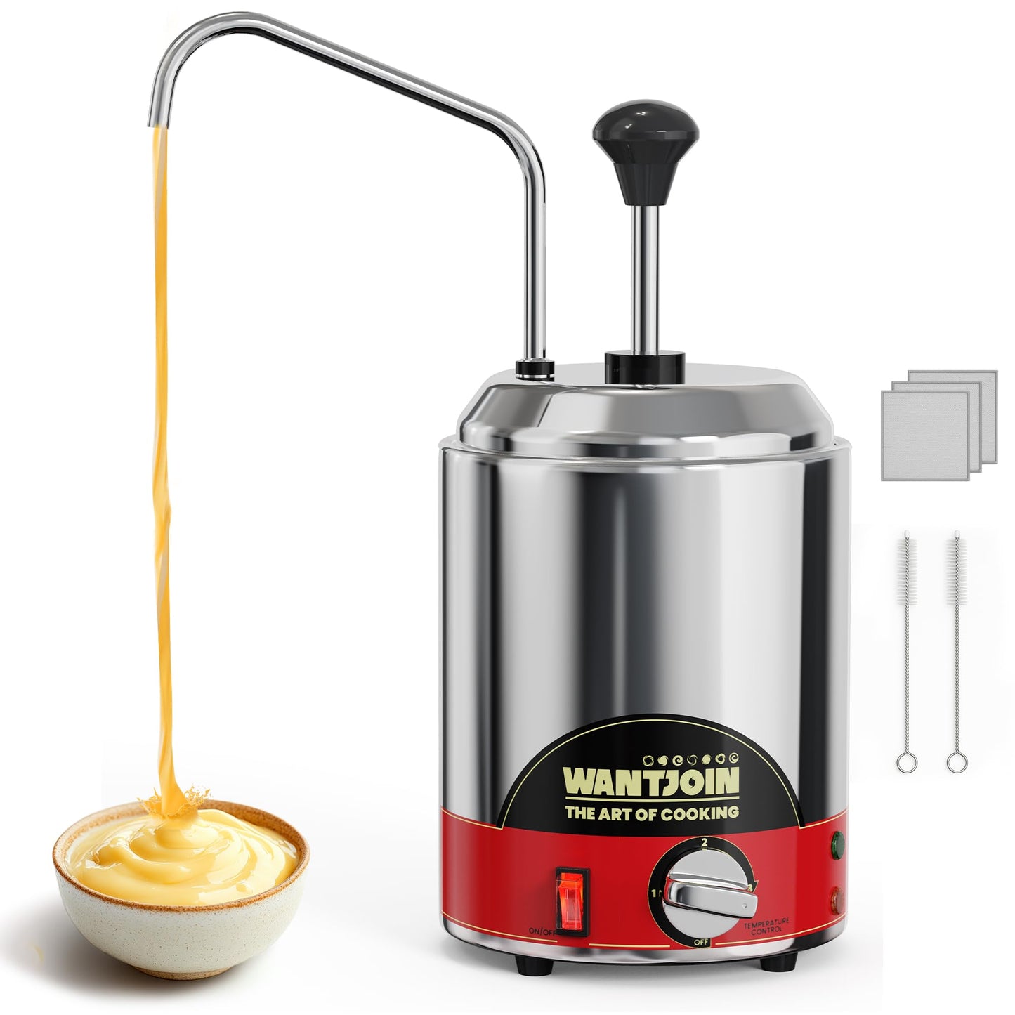 WantJoin Nacho Cheese Dispenser with Pump - 2.6 Qt Cheese w/Warmer Stainless Steel Pump Hot Fudge Warmer 86-185°F Temperature Control, Commercial Nacho Cheese Warmer Dispenser for Hot Fudge Caramel