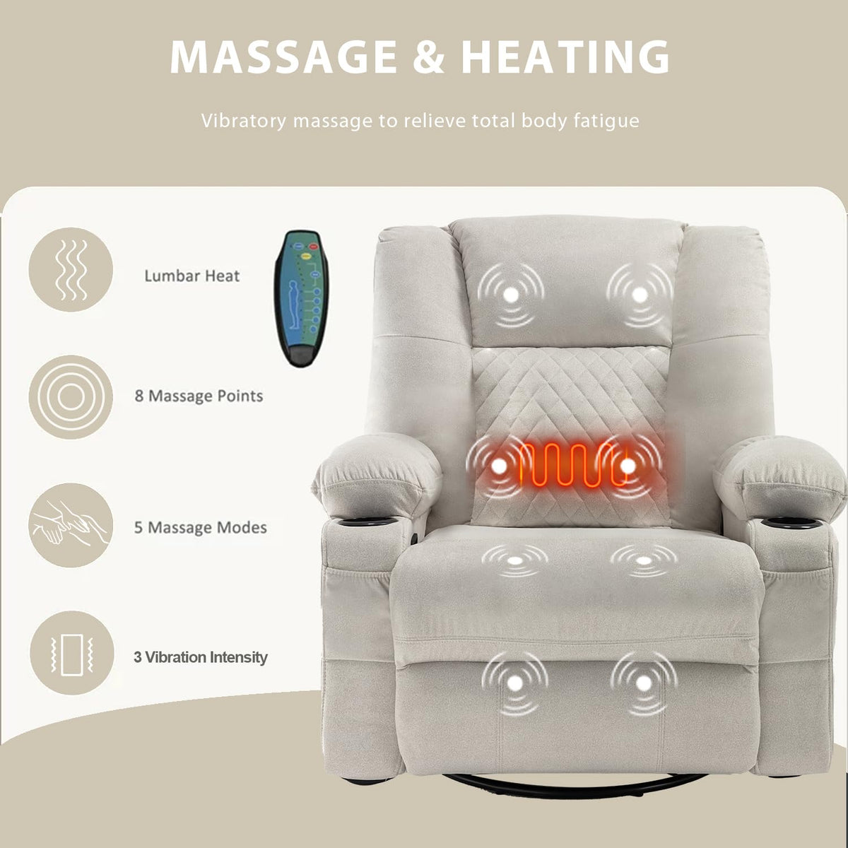 Swivel Recliner with Massage and Heat, Scratch-resistant Fabric Rocking Reclining Chairs for Adults, Overstuffed Recliners with Cup Holders, Modern Manual Rocker Recliner Chairs for Living Room, Beige