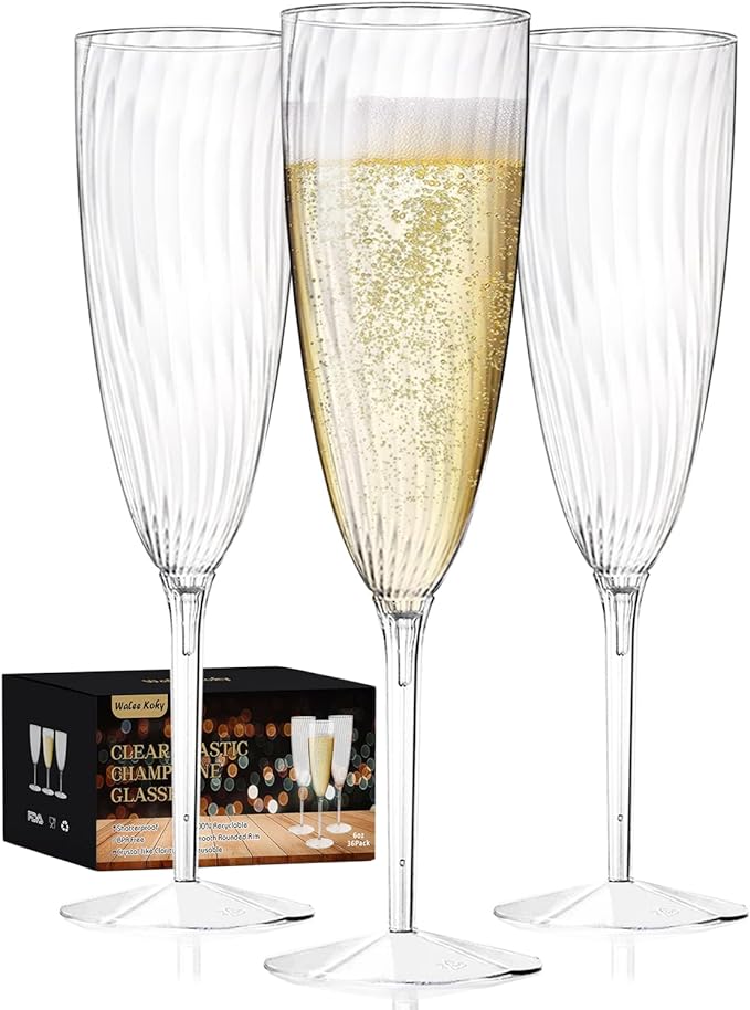 Walee Koky Plastic Champagne Flutes, 36 PCS Clear Disposable Wine Glasses Reusable Plastic Cocktail Cups for Home Daily Li...