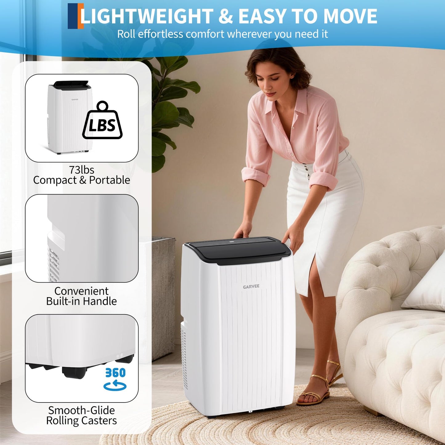 Garvee 12000 BTU Portable Air Conditioner, Portable AC Unit with Dehumidifier, Fan and Remote Control, Energy Efficient Indoor AC Conditioner for Rooms Up to 550 Sq. ft., White