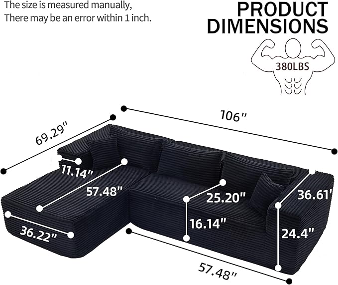 107" Modular Sectional Sofa, L-Shaped Cloud Couch with Deep Seat, Boneless Fluffy Corduroy Sofa for Living Room, No Assembly Required, (Left Facing Chaise,Black)