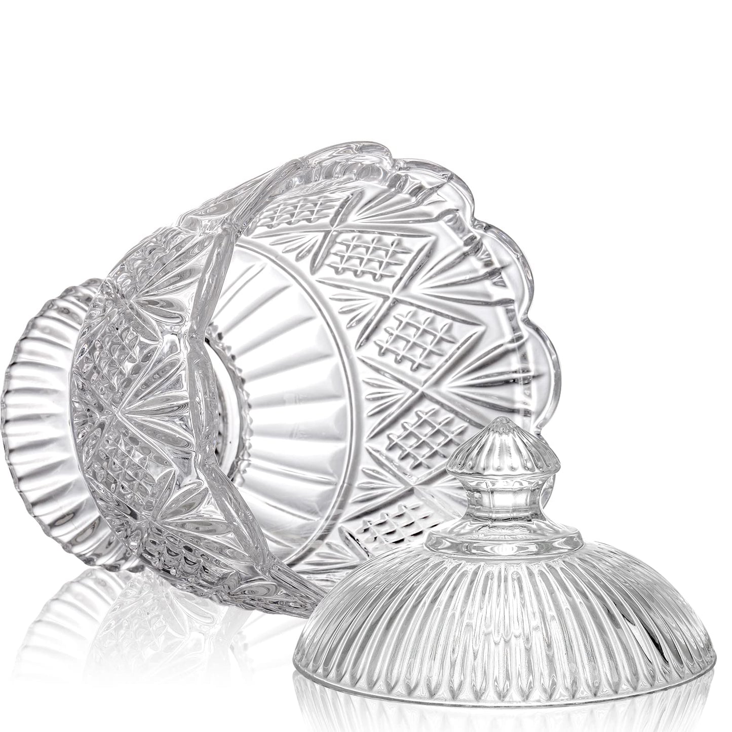 Lyellfe Glass Candy Dish with Lid, 40 Oz Large Clear Covered Cookie Bowl, Decorative Embossed Food Storage Container for Candy Buffet, Office Desk, Lead-free, Dishwasher Safe