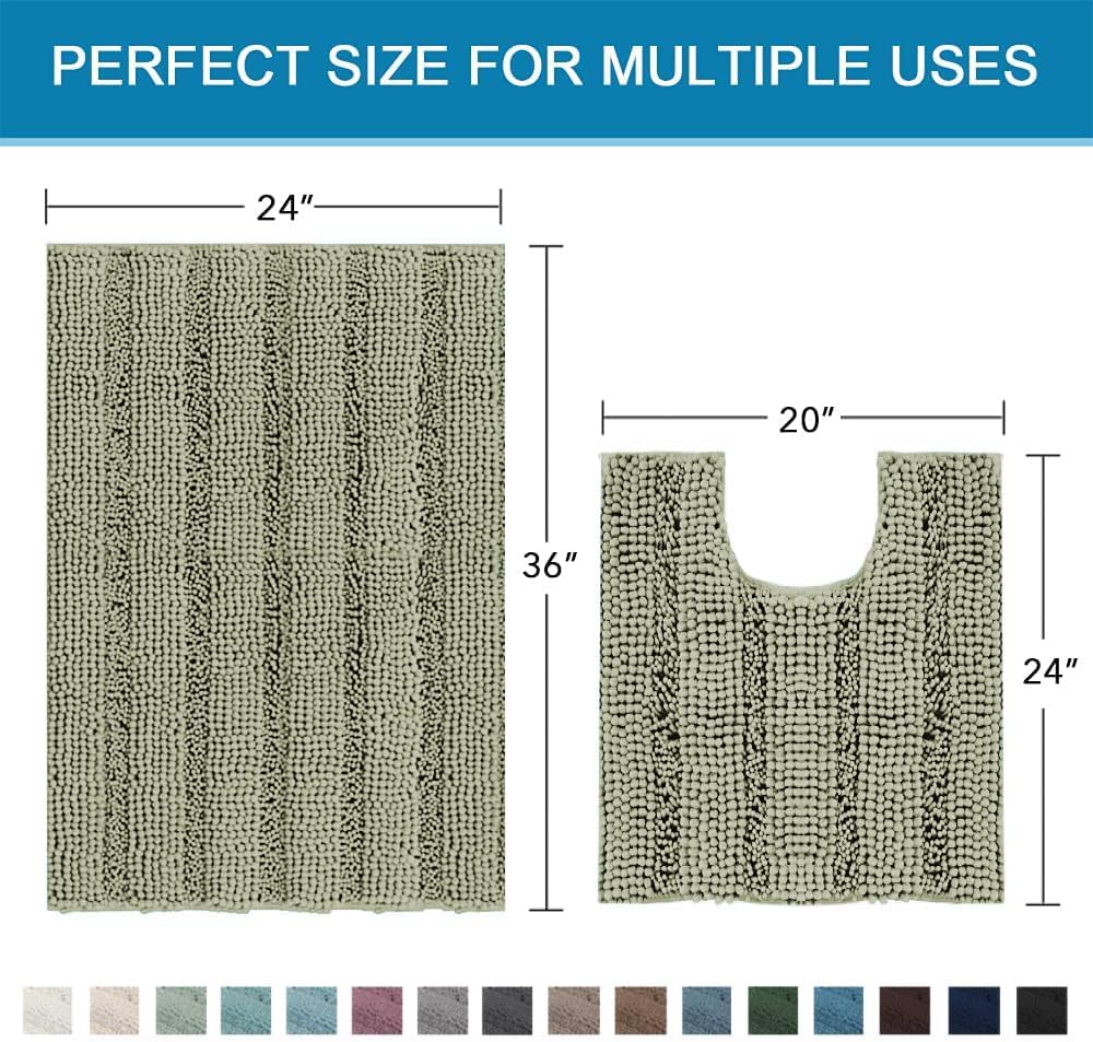 H.VERSAILTEX Bathroom Rug Sets 2 Piece Bath Mats Non Slip Thick Soft Chenille Striped Bath Rug achine Washable Shower Floor Rugs for Tub, Shower and Floor (Eucalyptus Green, 36"x24" Plus 20"x24" U)