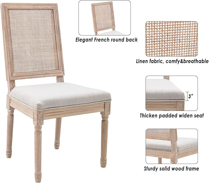 CIMOTA Farmhouse Dining Chairs Set of 6, French Rattan Dining Room Chairs with Rectangle Back/Distressed Wood Upholstered Vintage Side Chairs for Kitchen/Restaurant, Beige/6PCS
