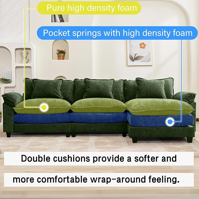 Oprisen 120" Modular Sectional Sofa, Comfy Cloud Couch Sectional Sofa with Ottoman, Chenille Sofa Sleeper Deep Seat Sofa with Throw Pillows for Living Room (Green, 120"- L Shape)