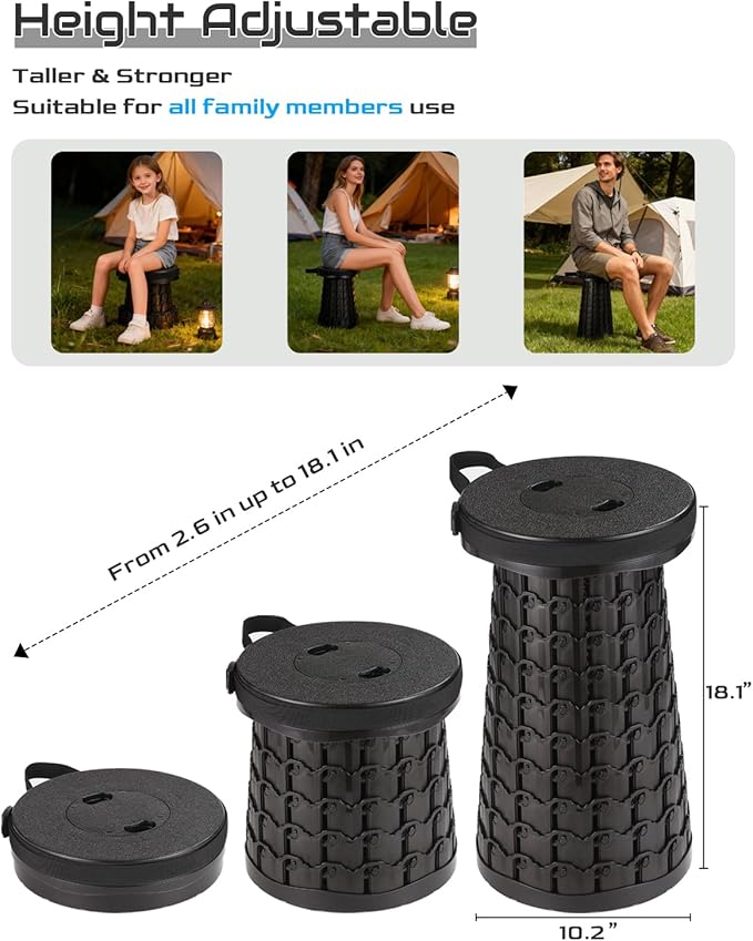 Spisces 2025 Heavy Duty Collapsible Stool | 600lbs Capacity, 18-in Tall Lightweight 2.6lbs Portable Retractable Telescoping Stool for Adults, Camping Fishing Hiking Travel BBQ
