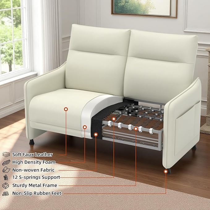 Tbillionnext Faux Leather Loveseat, Upholstered Loveseat with Hidden Foldable Tray & Side Pocket, Rear Contour Arm Design, Modern 2-Seater Sofa Couch for Small Spaces, Bedroom, Beige