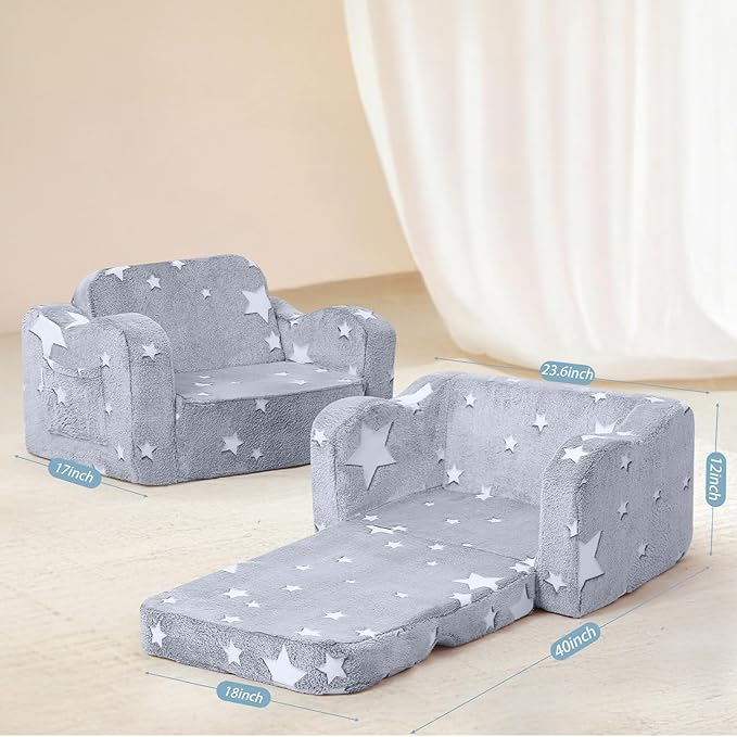 MeMoreCool Kids Glow Star Sofa Chair – 2-in-1 Foldable Toddler Lounger, Gray | Convertible Couch for Playroom or Nursery | Soft Foam Seat | Removable & Washable Cover | Glows in The Dark