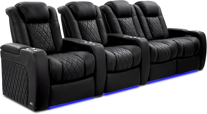 Valencia Tuscany Home Theater Seating Semi-Aniline Italian Nappa 20000 Leather Ultimate Luxury Heat & Ventilation Power Recliner Power Lumbar and Headrest (Row of 4 Loveseat Right, Onyx)