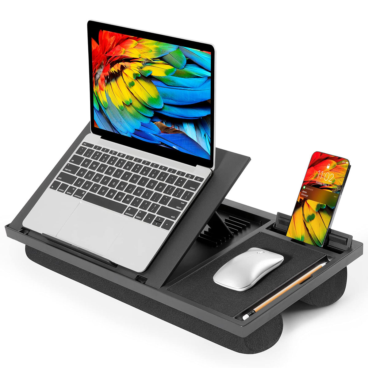 LORYERGO Adjustable Laptop Desk with Cushion, Mouse Pad & Cellphone Slot - Laptop Stand for Bed & Couch, Lap Desk for Home & Office (Black)