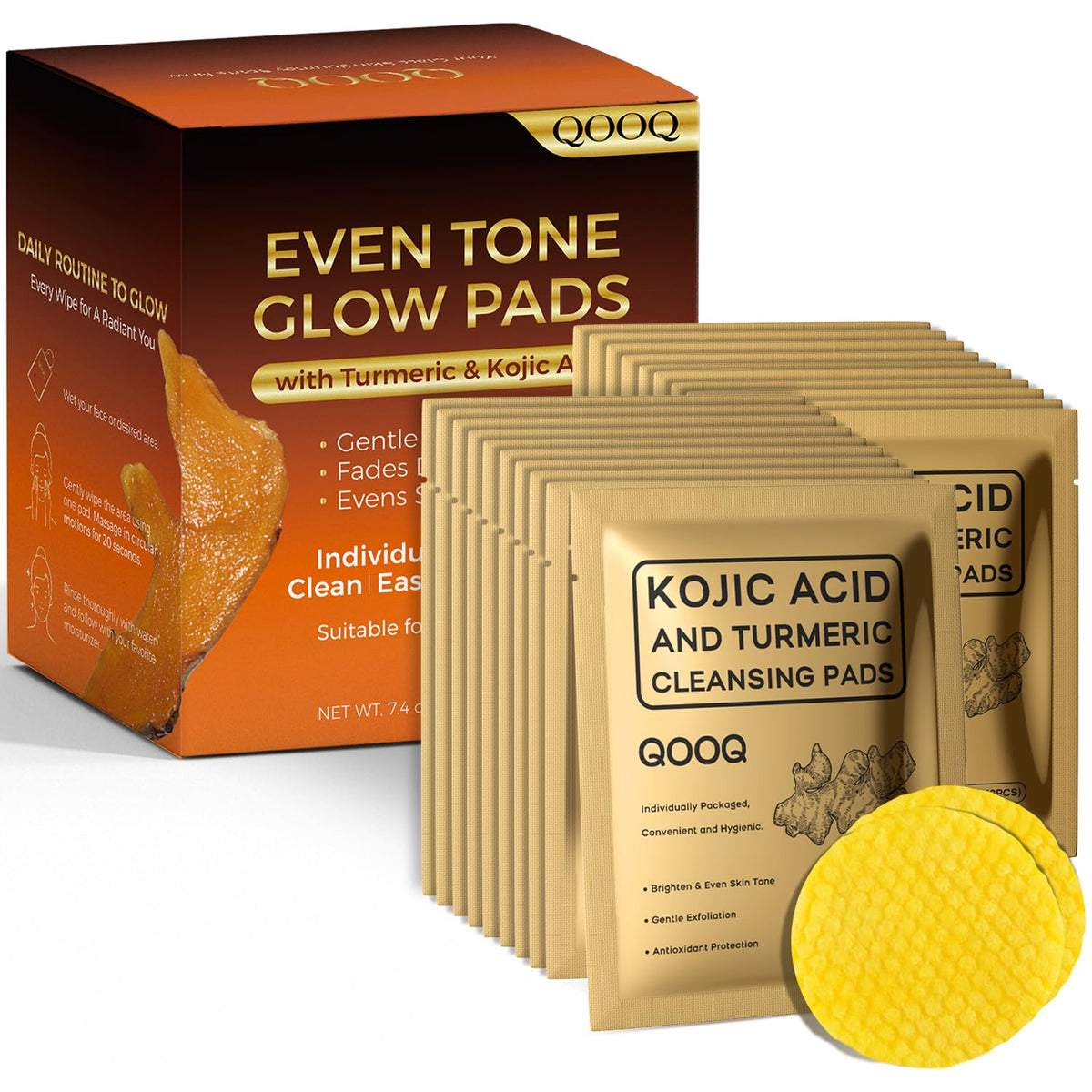 Turmeric Kojic Acid Cleansing Pads - Travel-Size Individually Packaged Face Scrub Pads (60Pcs) - Gentle Exfoliating & Brightenin