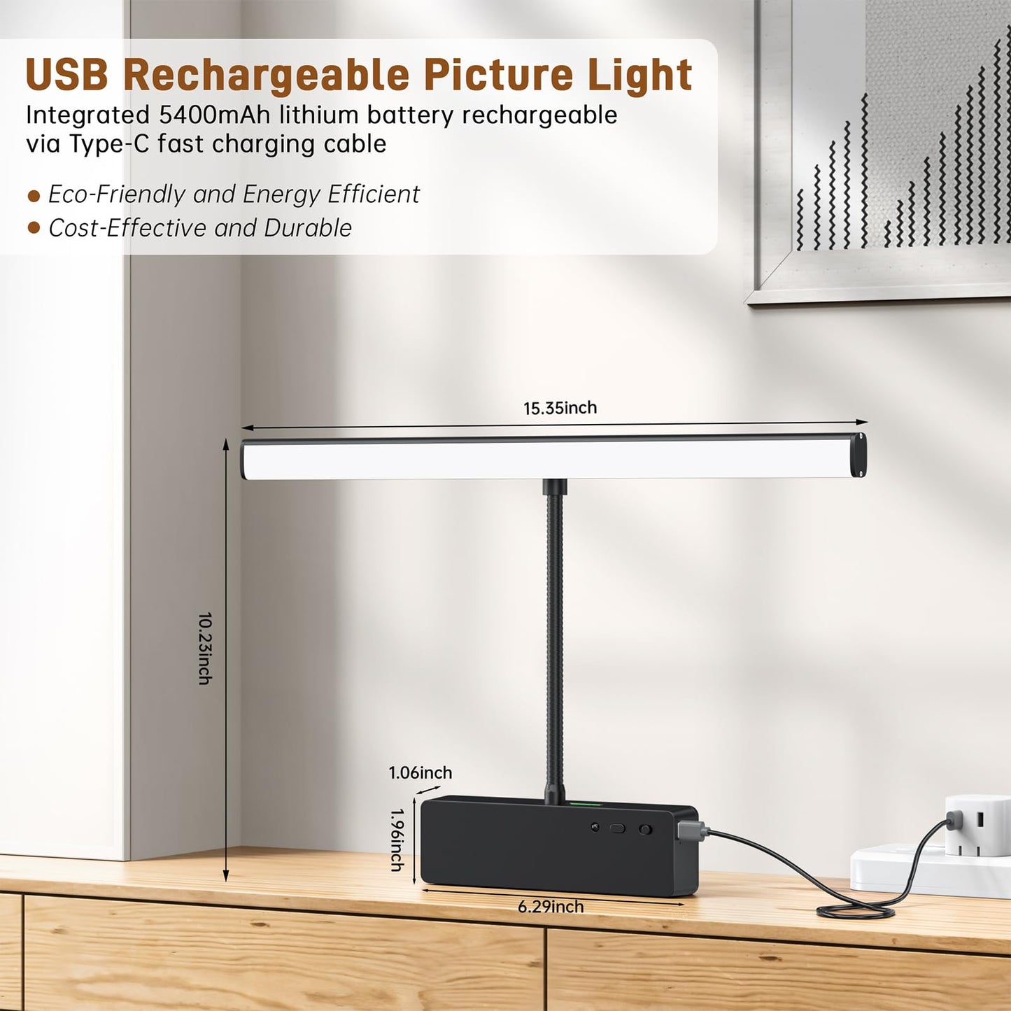 Picture Light, 15.35inch Wireless Picture Lights for Wall Rechargeable, 5400mAh Battery Wall Light with Remote, 3 Color Art Lighting for Paintings with Timer and Dimmable Artwork Display (Black-2PCS)