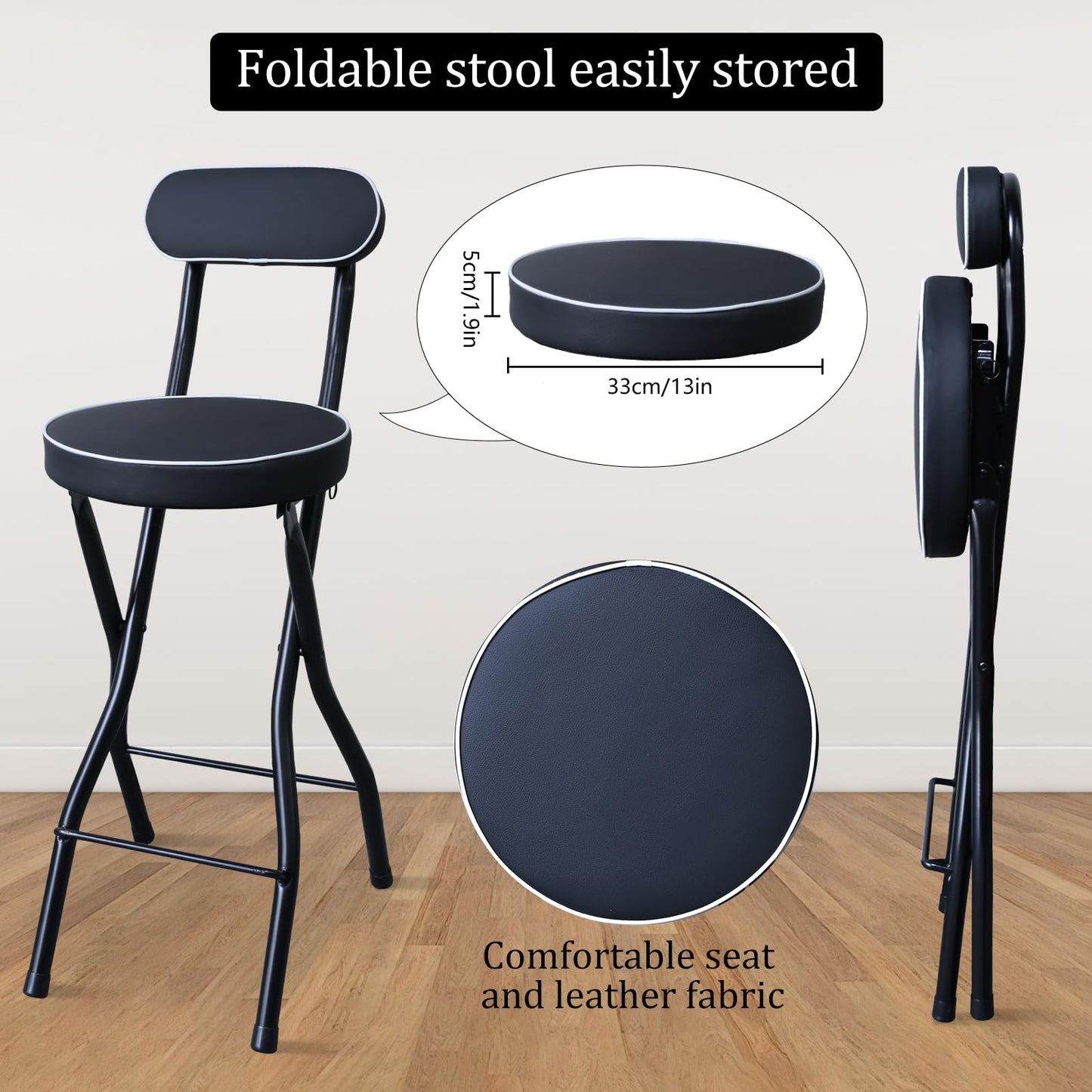 UWEAR Folding Bar Stool with Back,1 PCS Tall Foldable Stool Leather Padded Portable Stools Counter Height Foldable Stools Chairs Collapsible Stool for Adults Kitchen Island (Black)