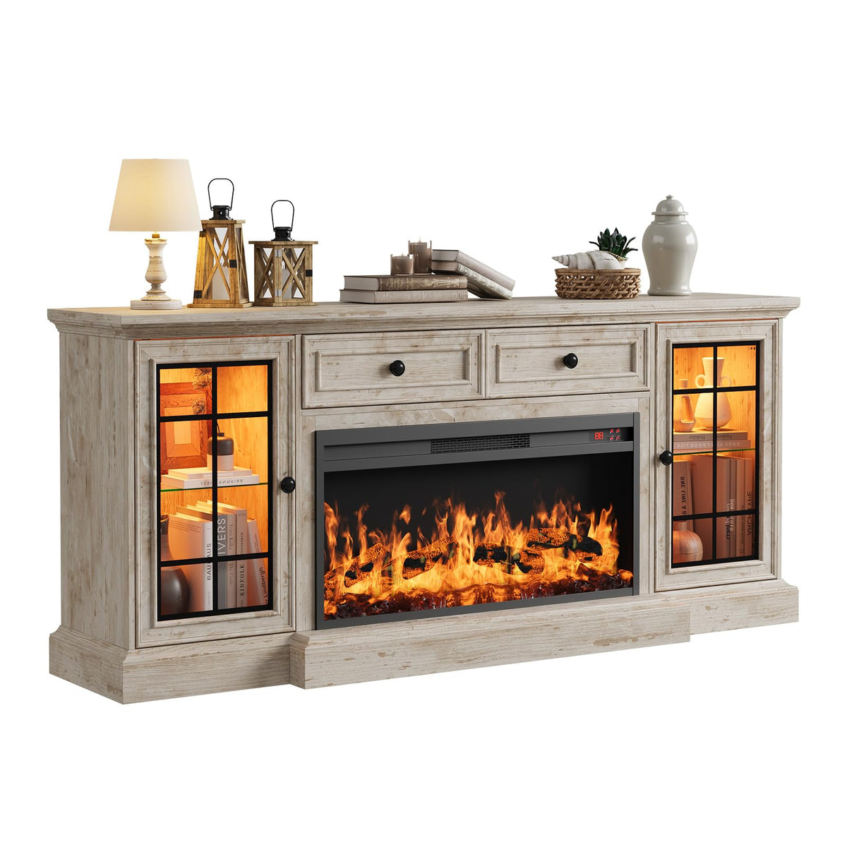 Fireplace TV Stand Up to 80" TVs, 70'' Modern Entertainment Center with 36" Electric Fireplace & LED Lights, Farmhouse Media Console with Storage Cabinet & Drawer for Living Room, Antique Brush Grey