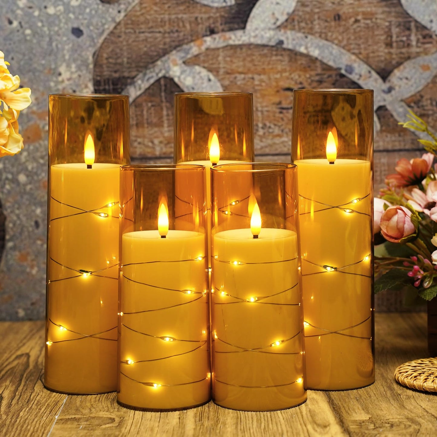 Eebuss Flameless Candles with Embedded Star String, Battery Operated LED Pillar Candles with Timer and Remote Control,Home Decorating for Ambiance， Set of 7 (Gold)