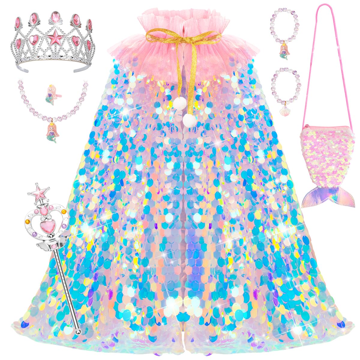 Meland Princess Dress Up for Girls 3-8, 11Pcs Mermaid Cape with Crown, Dress Up Clothes Birthday Gift Toys for Girls Toddlers