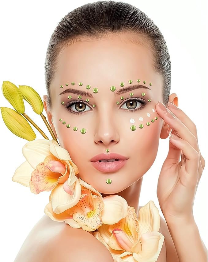 591pcs Face Gems Hair Gems Pearls, Self-Adhesive Face Jewels Eye Rhinestones 3/4/5/6/8 mm Face Gem Stick on, Halloween Makeup Gems Rave Accessories for Face Eyes Body Makeup (08.Light Yellow)