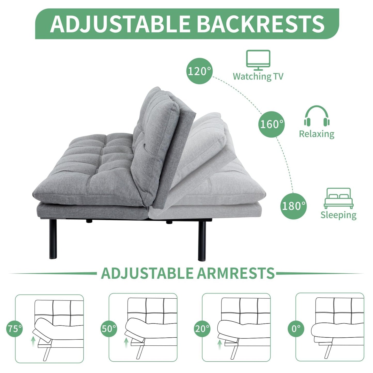 MUUEGM 71" Futon Sofa Bed, Convertible Couch Filled with Memory Foam, Modern Loveseat with Adjustable Backrest&Armrest, Sofas for Living Room,Game Room,Dormitory,Office.Light Grey Fabric