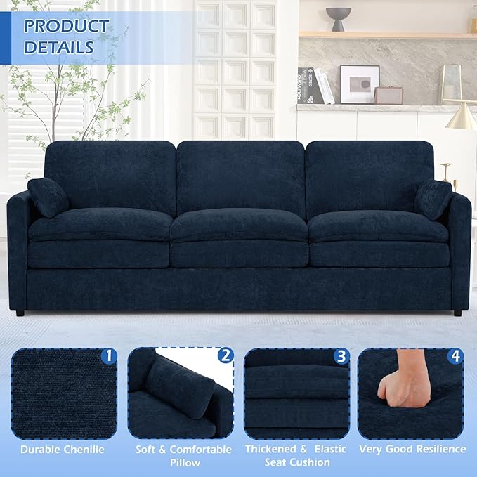 ACMEASE 3 Pieces Chenille Sofa Set w/Arm Pillows, Upholstered 2 Pieces Loveseat & 3 Seater Sofa w/Comfortable Back Cushions, Modern 2-Seat & 3-Seat w/High-Density Foam for Living Room, Blue