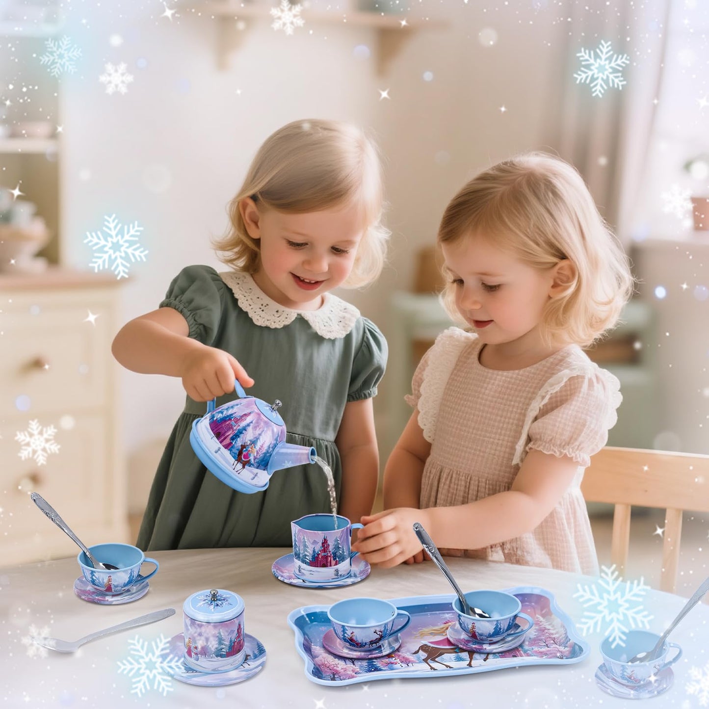 Tea Party Sets for Toddlers 3-5,PRE-WORLD Princess Tea Time Toy with Tray, Teapot, Tea Cups, Cream Pitcher, Sugar Bowl, Coasters, Plates，Kids Kitchen Pretend Play for Girls Boys Age 3 4 5 6