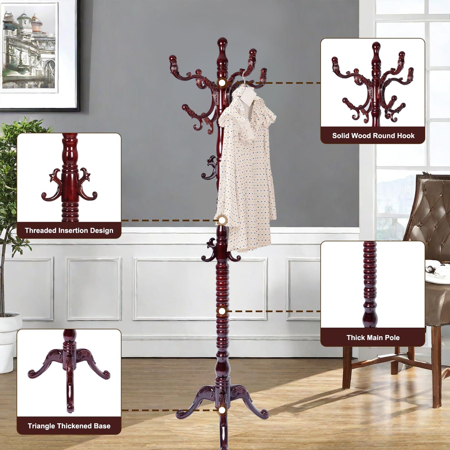 YQNUCO Solid Wood Coat Rack – Freestanding Coat Racks Stand with Hooks & Stable Base, Adjustable Height Modern Wooden Hall Tree for Entryway, Bedroom, Office, Home (Mahogany Triangle)