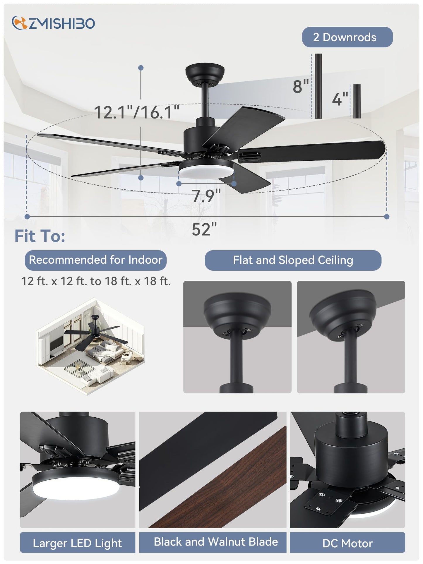 ZMISHIBO 2 Pack 52" Ceiling Fans with Lights, Black Modern Ceiling Fan with Remote & App Control, Farmhouse Indoor Fan with Dual Finish Blades, Quiet & Strong Motor, 24W Dimmable Bright LED Light.