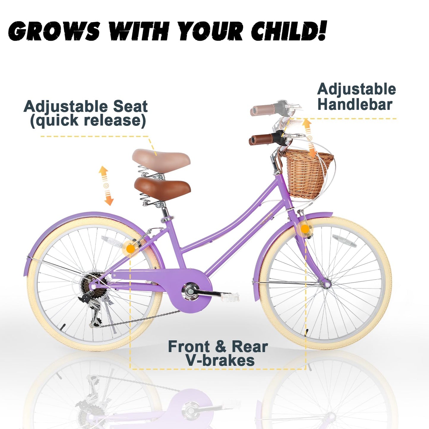 Glerc 24 Inch Beach Cruiser Bike, 6-Speed Hybrid City Bicycle for Girls Youth and Over 6 Years Old, Missy Bike with Wicker Basket & Lightweight, Purple