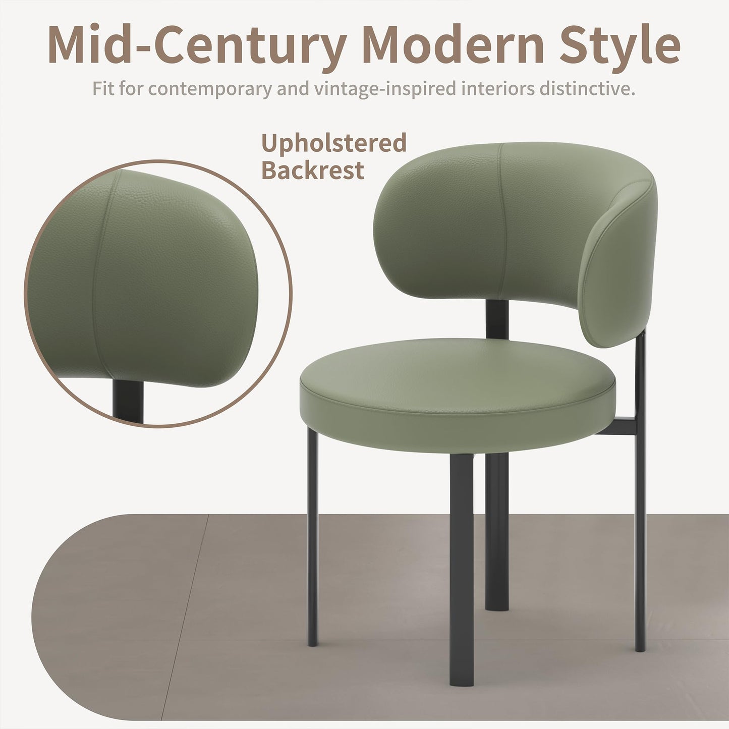 HaufChox Mid Century Dining Chairs Set of 4, Morden Kitchen Chair, Round Upholstered Seat, Curved Split Backrest, Carbon Steel Legs, Textured Leather for Bar/Restaurant/Office, Olive
