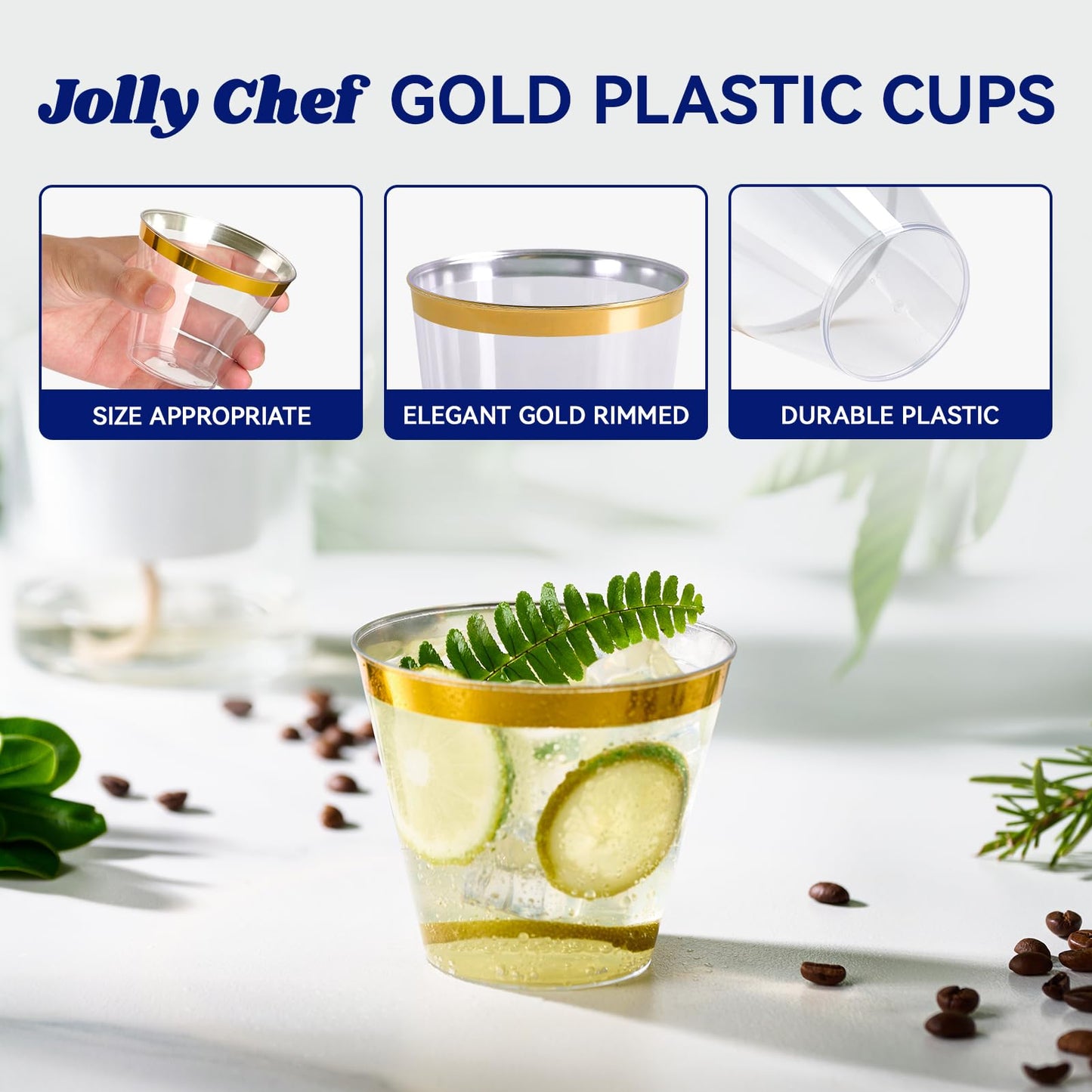 JOLLY CHEF 100 Pack Gold Plastic Cups, 9 oz Clear Plastic Tumblers, Elegant Gold Rimmed Cups, Disposable Glasses Perfect for Wedding, Thanksgiving Day, Christmas Party