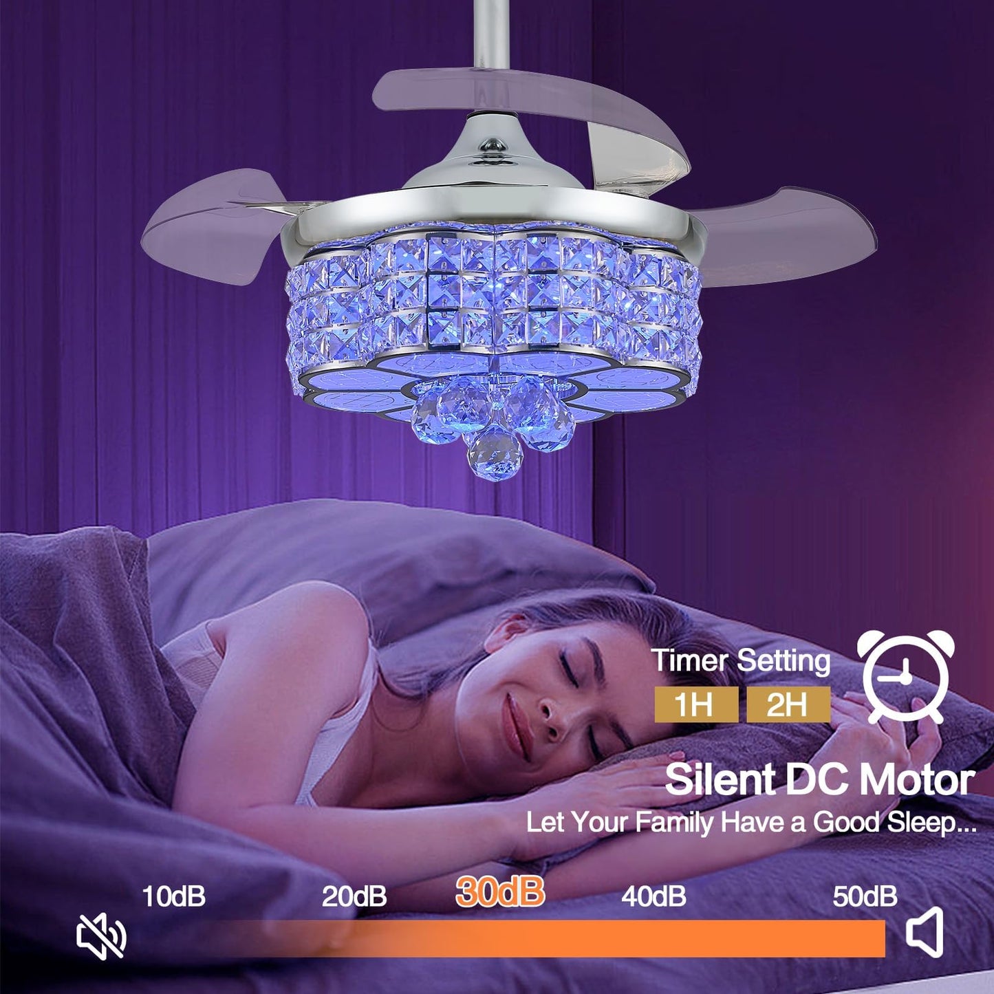 Zynfandor 30 Rgb Crystal Retractable Ceiling Fan With Light Dimmable Led Chandelier, Remote & App Control, 6-Speed Timer, Memory