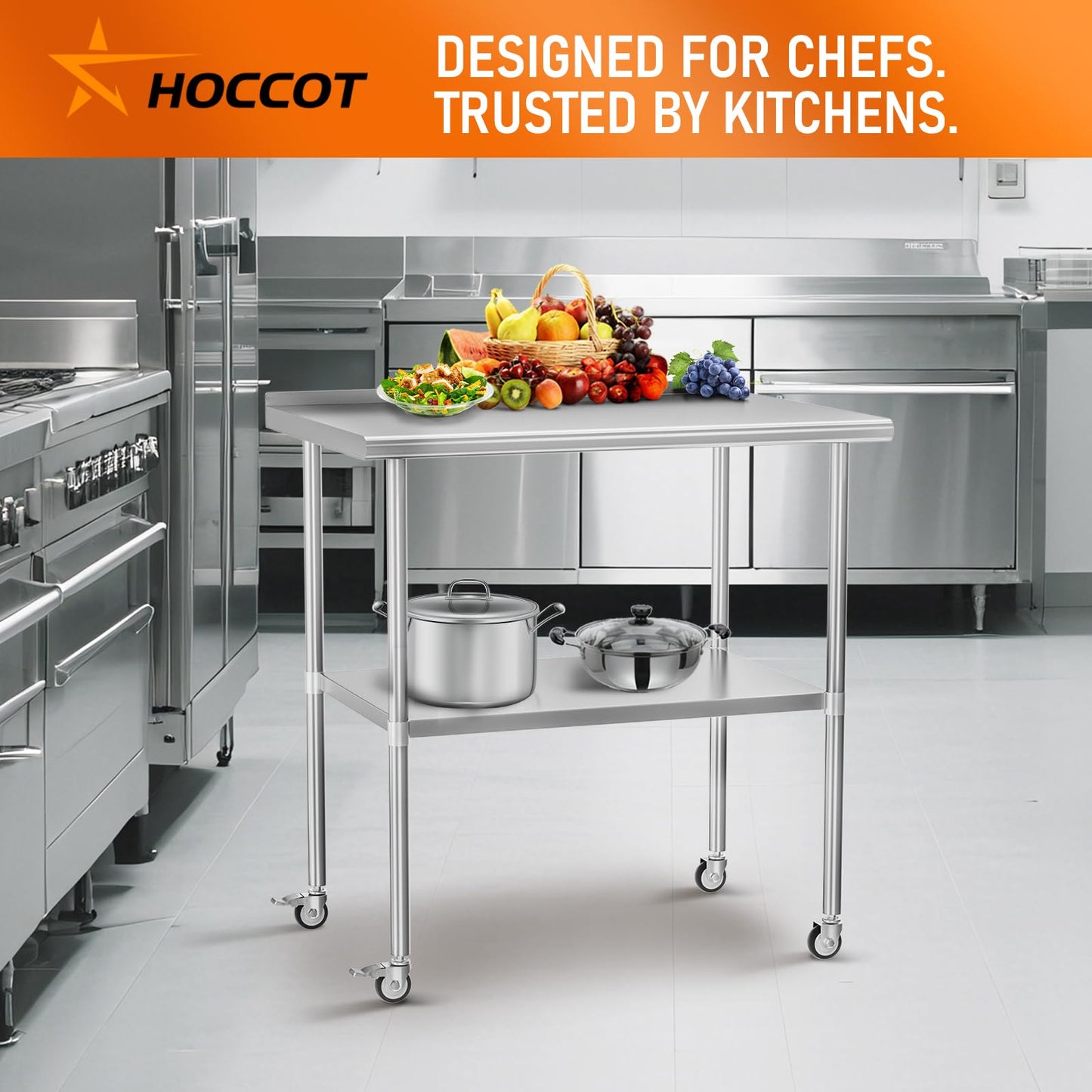 HOCCOT Stainless Steel Prep Table 30" X 36" with Adjustable Undershelf, Backsplash and Wheels, Commercial Metal Workstations for Kitchen, Garage, Outdoor BBQ