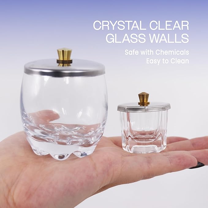 Beauticom Crystal Glass Dappen Dish for Acrylic Nail Dip Powder, Monomer, and Nail Polish Remover (Octagon Shape w/Stainless Steel Lid, 1 Piece)