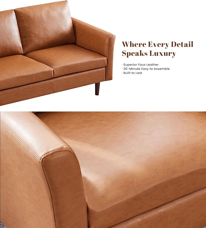 Kingfun Faux Leather 2 Seat Couch for Living Room, Mid Century Modern Sofa with Rolled Arms and Deep Seats, Fluffy Comfort for Apartment, Easy to Assemble, Mid Brown