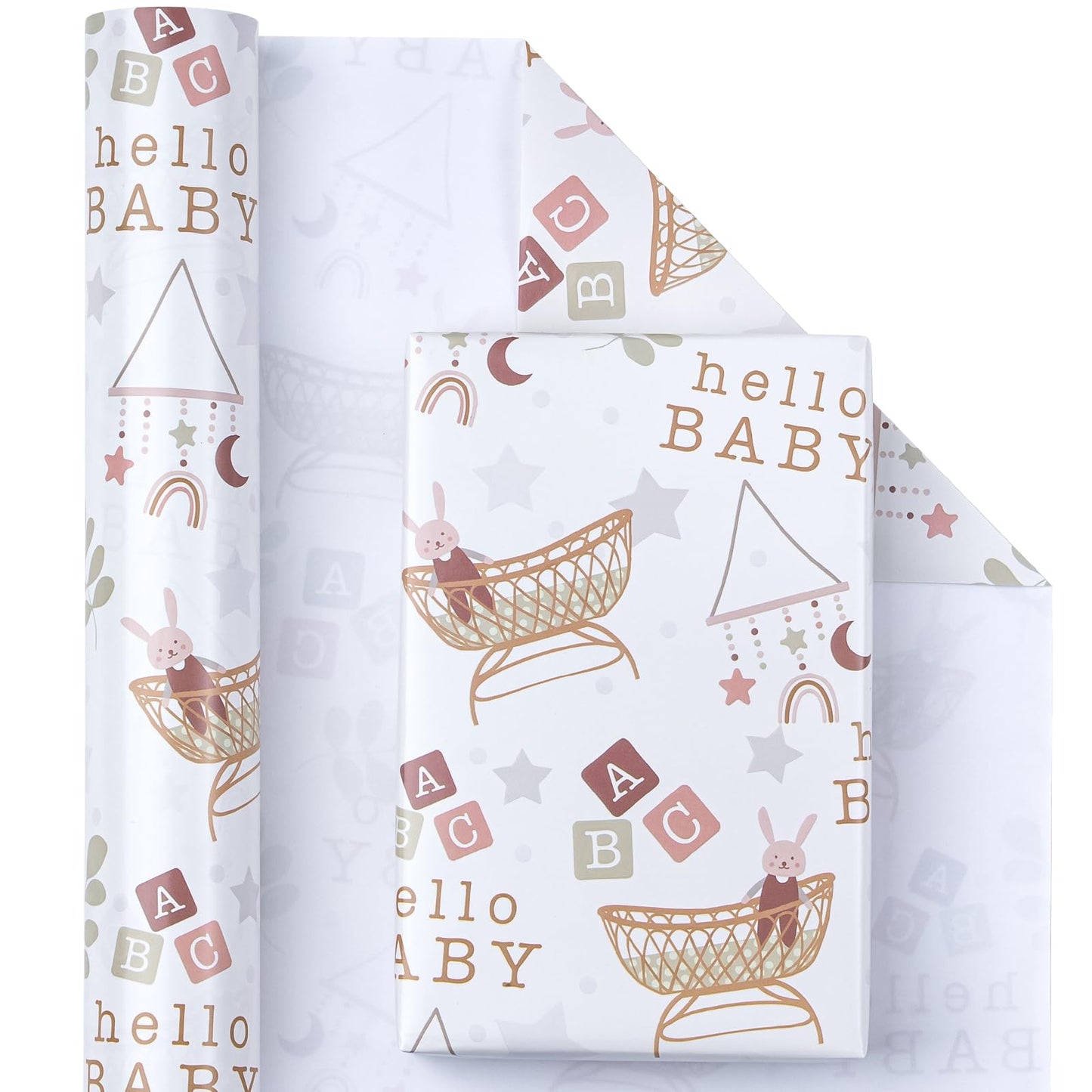 WRAPAHOLIC Jumbo Baby Shower Wrapping Paper - 30 Inch x 33 Feet - Hello Baby and Rabbit in Bassinet Design for Neutral Baby Shower, Boys Girls Kids Birthday