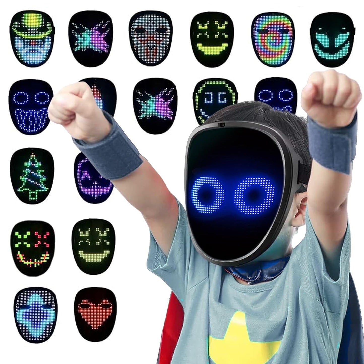Qxbuhe Led Mask with Gesture Sensing,Unisex LED Lighted Cool Face Transforming for Costume Cosplay Party Masquerade (Kids Mask Rechargeable)