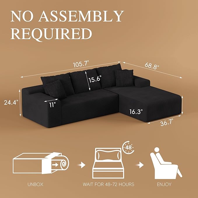 NAYA 106” Modular Sectional Sofa, Cloud Sectional Couch with Deep Seat, Modern Modular L-Shape Sofa Boneless Couch with Chaise for Living Room Bedroom (Black, Sectional Sofa with Right Facing Chaise)