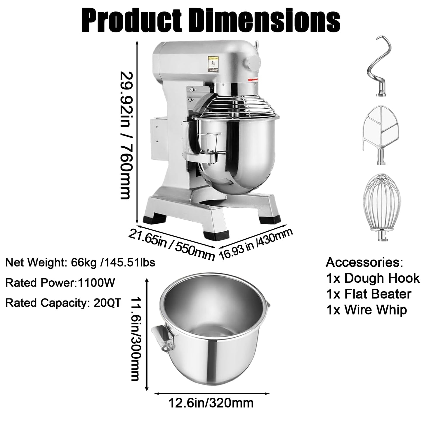 Commercial Stand Mixer with 60-Min Timer, 4 Sizes (10Qt/15Qt/20Qt/30Qt) & Variable Power, Heavy-Duty Stainless Steel Bowl, 3-Speed - For Bakery, Pizzeria, Restaurant to Food Production (20 QT)