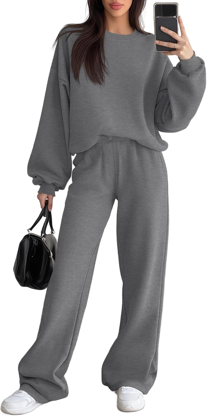 Sweetyweee Women's 2 Piece Outfits Set Fleece Lined Lounge Sweatsuit Crewneck Pullover Top Wide Leg Pants Casual Tracksuit