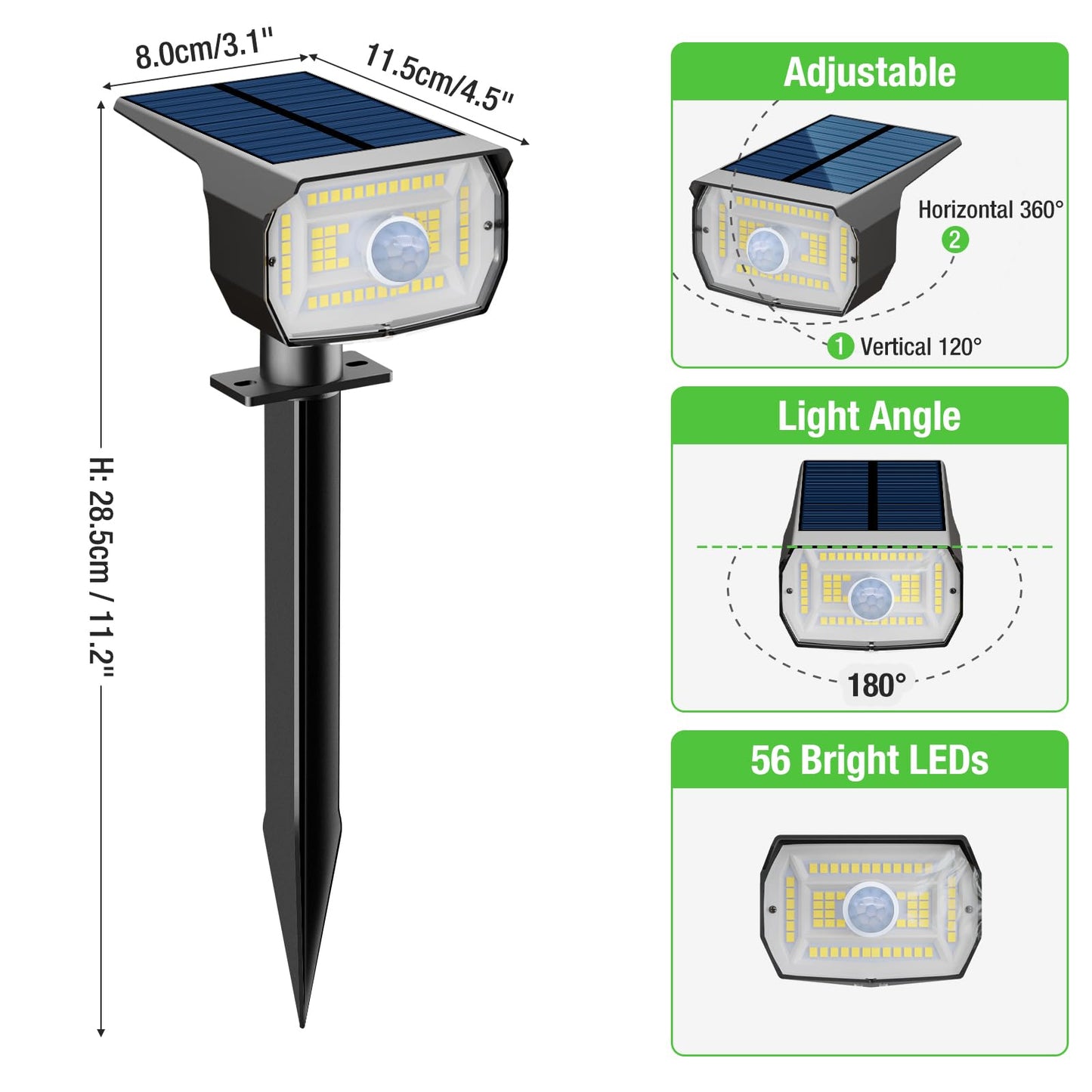 Solar Spot Lights Outdoor Motion Sensor with 3 Modes, [ 4 Pack/56 LED ] Solar Spotlights Outdoor Waterproof 2-in-1 Auto On/Off Landscape Lighting for Outside Yard Wall Garden Pathway, Warm White