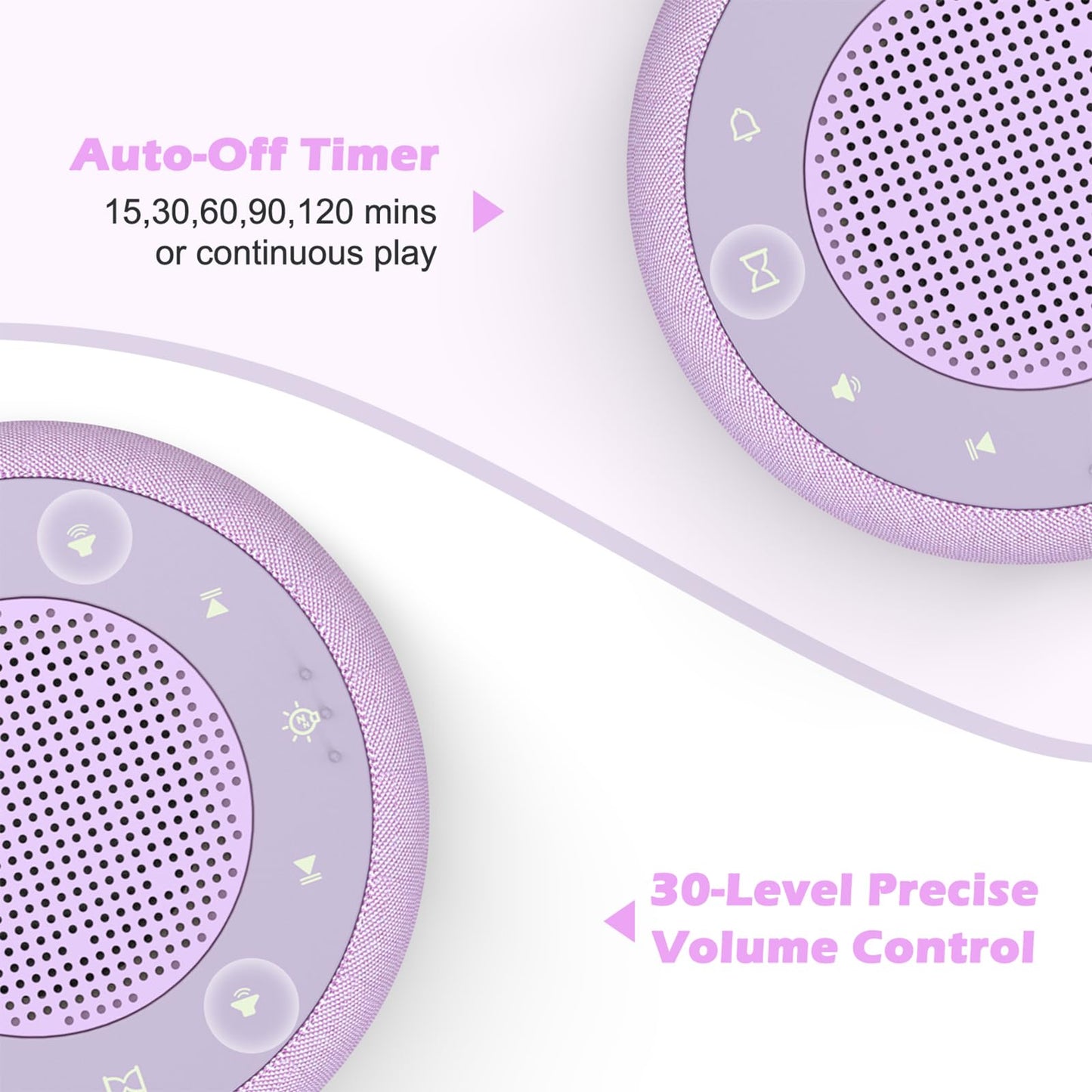 Buffbee Sound Machine & Alarm Clock 2-in-1, 0-100% Clock Face Brightness, Bottom Colored Light, Sleep Timer, Precise 30-Level Volume White Noise Machine, Digital Alarm Clocks for Bedrooms - Purple