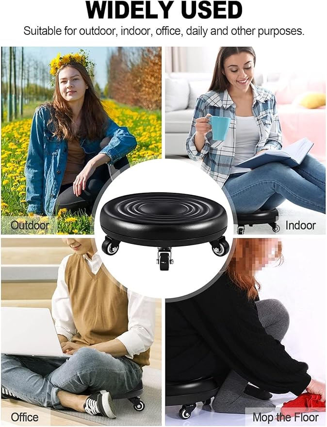 Lanstics Low Roller Seat Short Stools with Wheel Chair PU Leather Rolling Stool Seats Universal Wheels for Home Office Fitness Round Roller Seat Stool (Black)