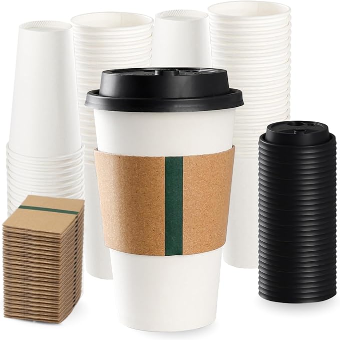 16oz Disposable Coffee Cups with Lids & Sleeves 60 Pack | Sturdy, Leak-Proof & Insulated To Go Disposable Cups for Hot/Col...