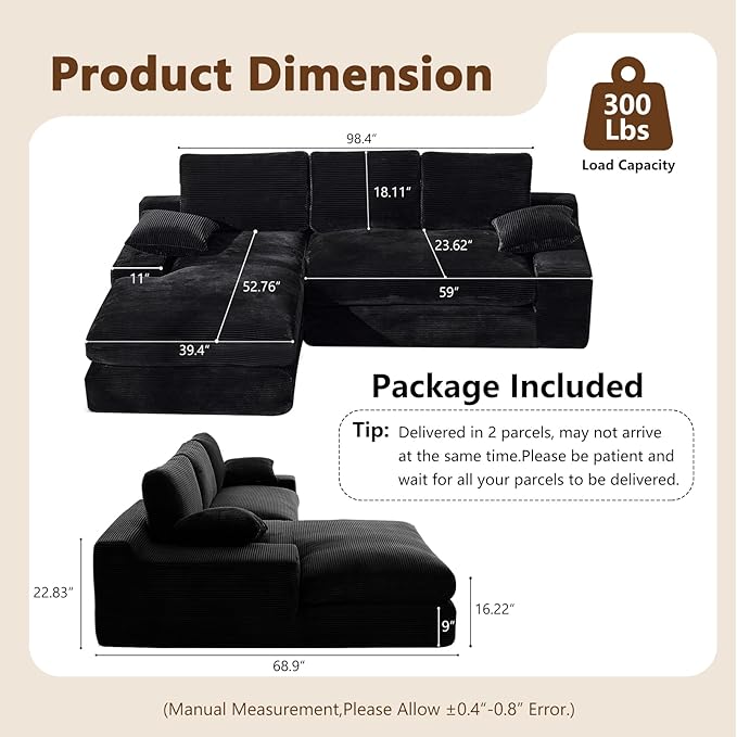 98.4" Black Sectional Sofa Cloud Modular Sectional Couch with Chaise,Corduroy Sectional Couches L-Shaped Modern Upholstered Sofa with Deep Seat for Living Room and Bedroom,No Assembly Required(Black)
