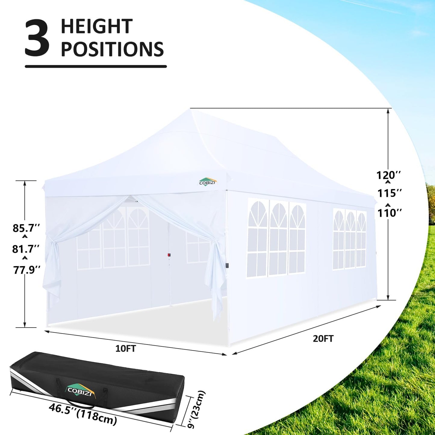 COBIZI 10x20 Pop Up Canopy with 6 Sidewalls, Conical Party Tent 10x20 with 3 Adjustable Height Waterproof, UV-Resistant with Carry Bag, Sandbag, Stake, Ropes for Parties, Commercial (Frame Upgraded)