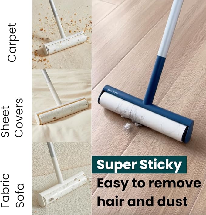 Large Lint Roller with Extra Sticky Roller and 420 Sheets 9.5" Wide, Floor Lint Roller Long Handle, Extendable to 41", Carpet, Couch, Pet Hair, Clothing Cleaning Supplies (Navy Roller + 7 Refills)
